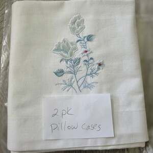Vintage White & Blue Rose Embroidered Pillowcases White Cottagecore Floral